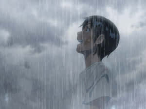 動畫男孩在大雨中微笑，水滴從他的臉和襯衫上滴落。 — 天氣之子 壁紙