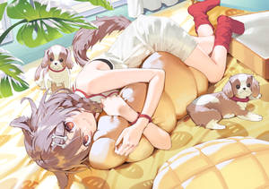 貓耳動漫女孩在黃色毯子上與兩隻小狗和熱帶植物一起放鬆。 — 卡通狗 壁紙