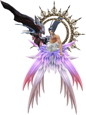 動漫角色，紫色翅膀，銀色頭髮，在金色太陽光環下與黑暗龍並肩。
