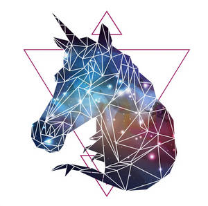 幾何形狀的獨角獸頭部，三角形內有銀河圖案 — 幾何 壁紙