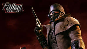 Fallout New Vegas角色穿著動力裝甲，手持左輪手槍，背景是紅色天空。 — 異塵餘生：新維加斯 壁紙