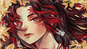動漫女孩，紅髮紅眼，以金色秋葉為框。 — 鬼殺隊 善逸 壁紙