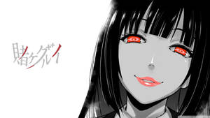 動漫女孩，紅眼睛和黑髮，微笑，旁邊有日文字。 — 幽遊白書 壁紙