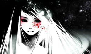 動漫女孩，白髮和紅色飛濺在繁星點點的黑色背景上。 — 暗黑動漫風格GIF 壁紙