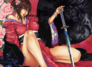 動漫女戰士身穿紅色和服，手持劍，面對惡魔實體。 — 日本武士 壁紙