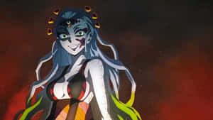 動漫女惡魔，發光的眼睛和華麗的頭飾，火紅的宇宙背景。 — 鬼滅之刃 壁紙