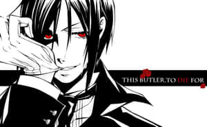 動畫管家，紅眼睛、黑頭髮，穿著西裝，將手放在臉上。 — 黑執事 壁紙