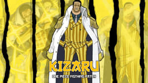 動漫角色Kizaru身穿金色條紋西裝和白色外套，站在黃色背景前。 — 桐人 壁紙
