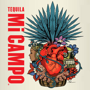 Tequila Mi Campo 標誌，以鮮豔色彩呈現心臟、龍舌蘭和頭骨。 — 品牌 壁紙