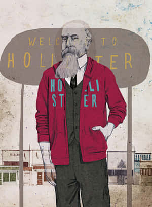 插圖男子穿著紅色Hollister連帽衫，站在小鎮歡迎標誌下。 — Hollister 壁紙