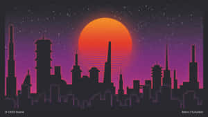 日落時分的城市天際線，帶有復古未來主義建築和星空。 — 暗黑風格 壁紙