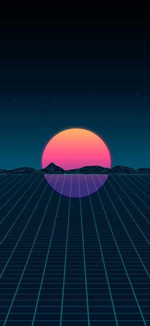 霓虹網格景觀，星空下山脈上方有發光的日落 — Pixel 9 Pro 壁紙