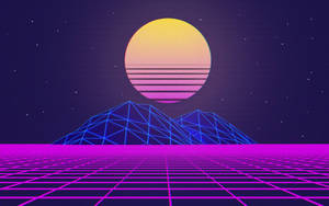 星空下，帶有發光山脈和漸變夕陽的霓虹網格景觀。 — 暮光 壁紙