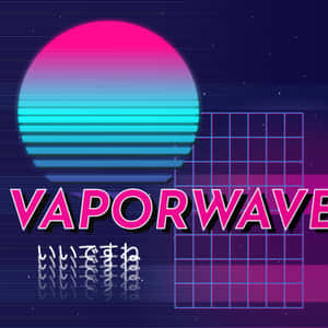 蒸氣波日落，帶有粉紅青色漸變太陽和網格圖案。 — 復古90年代風格 壁紙