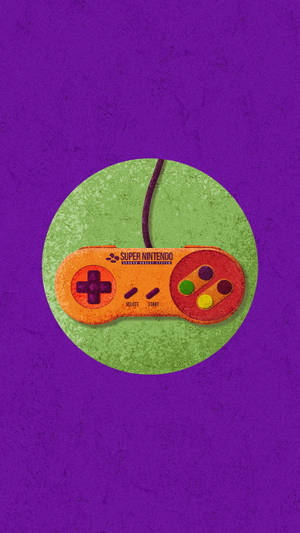 復古橙色Super Nintendo控制器，綠色圓圈，紫色背景。