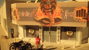 Cobra Kai 空手道道場，有眼鏡蛇壁畫和停在外面的摩托車。 — 眼鏡蛇道館 壁紙