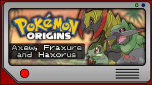 Pokémon Origins 標題畫面，背景為熱帶，包含 Axew Fraxure 和 Haxorus。 — 寶可夢 壁紙