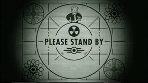 復古畫面顯示「PLEASE STAND BY」，帶有卡通人物和原子符號。 — 深色主題 壁紙