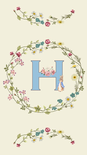 字母H被花環環繞，帶有兔子插圖。 — 唯美花卉 壁紙