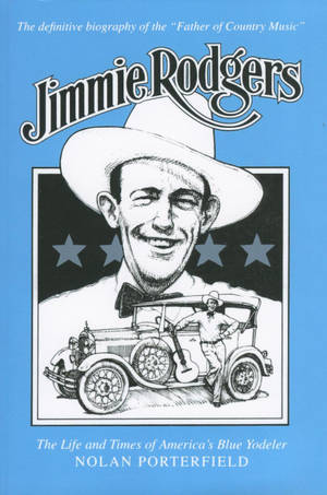 Jimmie Rodgers 傳記的書封面，插圖包括男人、汽車和吉他。 — 演員 壁紙