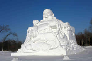 冬季公園中一個微笑佛陀的大型雪雕。 — MacBook Pro M2 壁紙