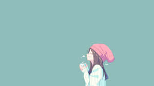 戴著粉紅色毛帽的動漫女孩，拿著杯子吹出溫暖的氣息。 — 可愛動漫女孩 壁紙