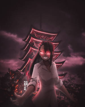 夜晚，發光紅色眼睛的動漫女孩站在發光的紅色寶塔前。 — 長瀞 壁紙