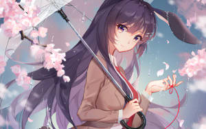戴著兔耳的動漫女孩在雨中飄落的櫻花下撐傘。 — 櫻島麻衣 壁紙
