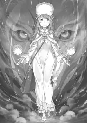 動漫女孩穿著冬季外套在暴風雪中漂浮，身後有巨大的眼睛。 — 佐助 須佐能乎 壁紙
