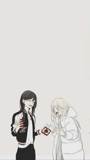動漫女孩給驚訝的金髮朋友一個心形禮物。 — 動漫愛情 GIF 壁紙