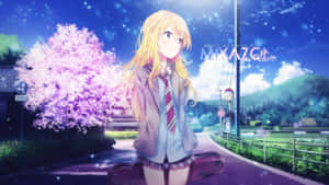 動漫女孩穿著校服，在星光燦爛的夜空下站在櫻花樹旁。 — 櫻島麻衣 壁紙