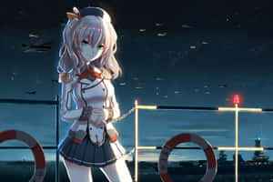 夜晚船甲板上的動漫女孩穿著水手服，有飛機和星星。 — 瑪莉娜 壁紙