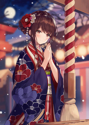 動漫女孩穿著和服在月光下神社祈禱 — 月光 壁紙