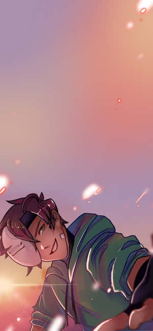 動漫男孩穿綠色連帽衫在粉紫天空微笑有閃爍光芒 — Pixel 8 壁紙