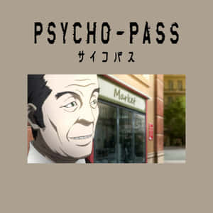 動畫角色在市場前微笑，上方有「PSYCHO-PASS」標題。 — 混沌武士 壁紙