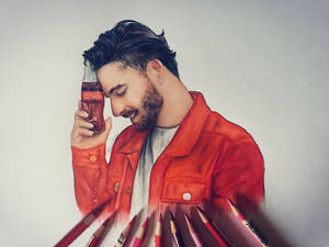 穿紅色外套的男人拿著可口可樂瓶，下方有彩色鉛筆。 — 鉛筆素描 壁紙