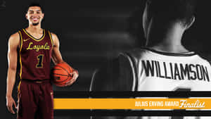 穿著Loyola球衣的籃球運動員拿著球，旁邊是Williamson球衣的背面圖。 — 運動 壁紙