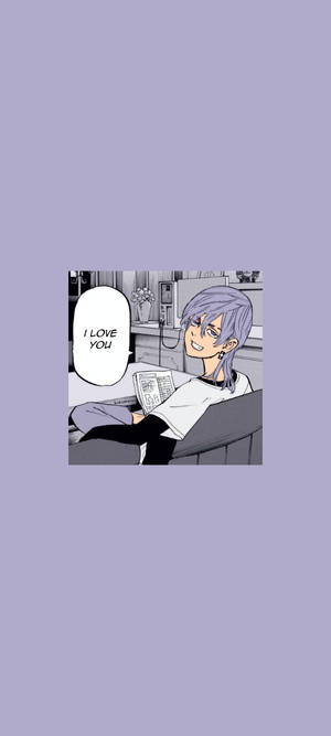 紫色頭髮的動漫角色微笑著手持電話，上面有對話氣泡寫著「我愛你」。 — POCO C81x 壁紙