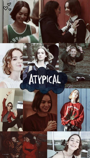 一個女性在不同服裝和場景中微笑的拼貼，帶有「ATYPICAL」文字。 — 女演員 壁紙