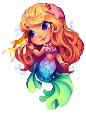一個可愛的Q版美人魚，彩虹尾巴，在水下抱著一條金魚。 — Kindle 壁紙