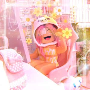在一個有漂浮花朵和閃光的粉紅色房間裡微笑的Roblox頭像。 — 酷炫 Roblox 壁紙
