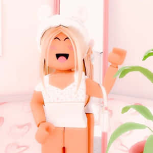 一個在粉紅色房間裡戴著兔子帽、舉起拳頭的快樂Roblox頭像。 — 美學 Roblox 壁紙