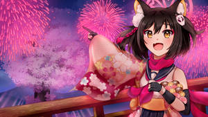 有狐狸耳朵的動漫女孩穿著和服，在夜櫻下指著煙火。 — 電玩遊戲 GIF 壁紙