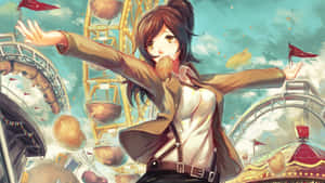 動漫女孩在青綠色天空下的漂浮嘉年華中張開雙臂。 — 進擊的巨人 角色 壁紙