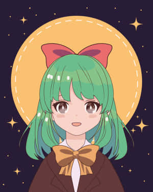 綠色頭髮和紅色蝴蝶結的動漫女孩，在星光燦爛的夜空下，月亮發光。 — 可愛 壁紙