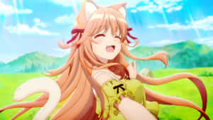 長著貓耳朵的動漫女孩在陽光草地上大笑。 — 野獸先生 壁紙