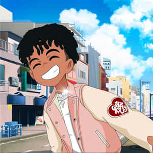 動漫男孩在陽光明媚的城市街道上穿著粉紅色外套大笑。 — 可愛卡通 壁紙