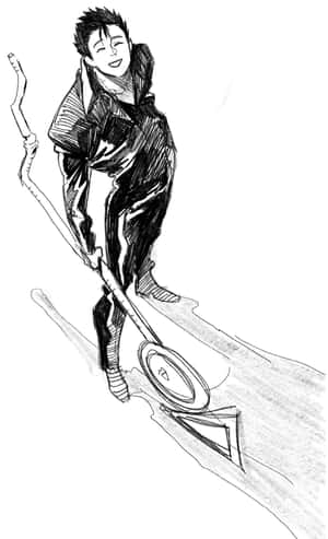 動漫男孩穿著雨衣，在雨中騎著滑板車，露出開心的表情。 — Galaxy Tab 壁紙