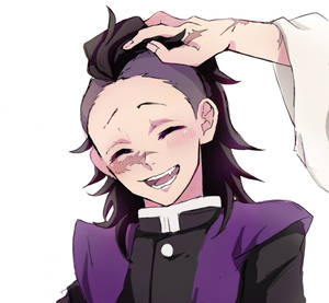 動漫角色笑著，手放在頭上，穿著紫色制服 — 源氏 壁紙