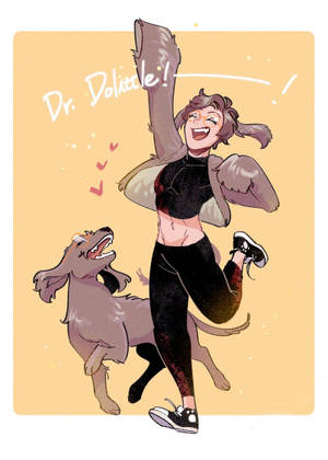 一個有翅膀的女人和一隻狗快樂地驚呼Dr Dolittle。 — 狗狗藝術 壁紙